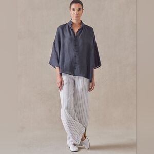 Eskandar linen sloped shoulder wide a-line pleated collar short sleeve size 1